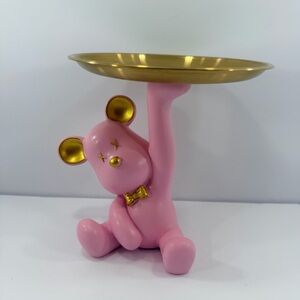 Bear Statue Metal Tray Plate Organizer Jewelry Ring Candy Keys Holder 7.5" Pink